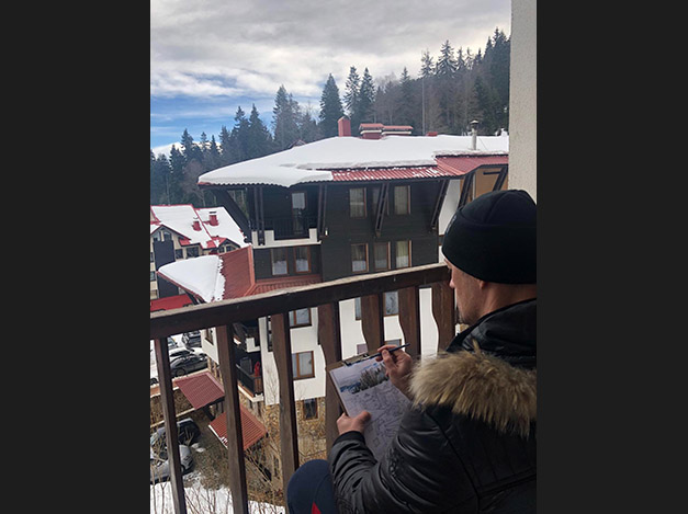 Painting a view with watercolor, high from the verandas of Monastery 3 -Pamporovo. First day of the new 2022